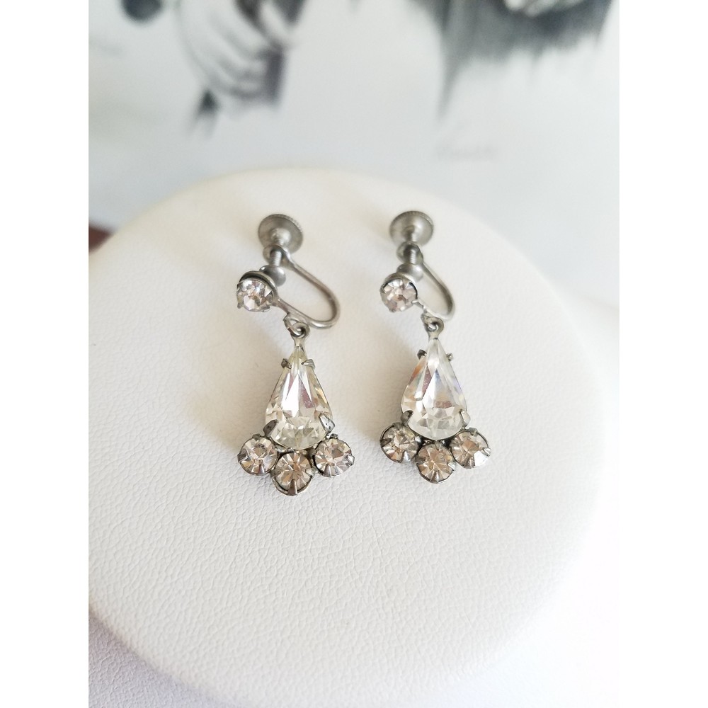 Clear Rhinestone Dangling Drop Screwback Earrings